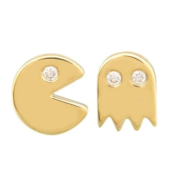 Mismatch 14k‎ Gold Filled Pac-Man Diamond Accent Stud Earrings - Picture 1 of 10